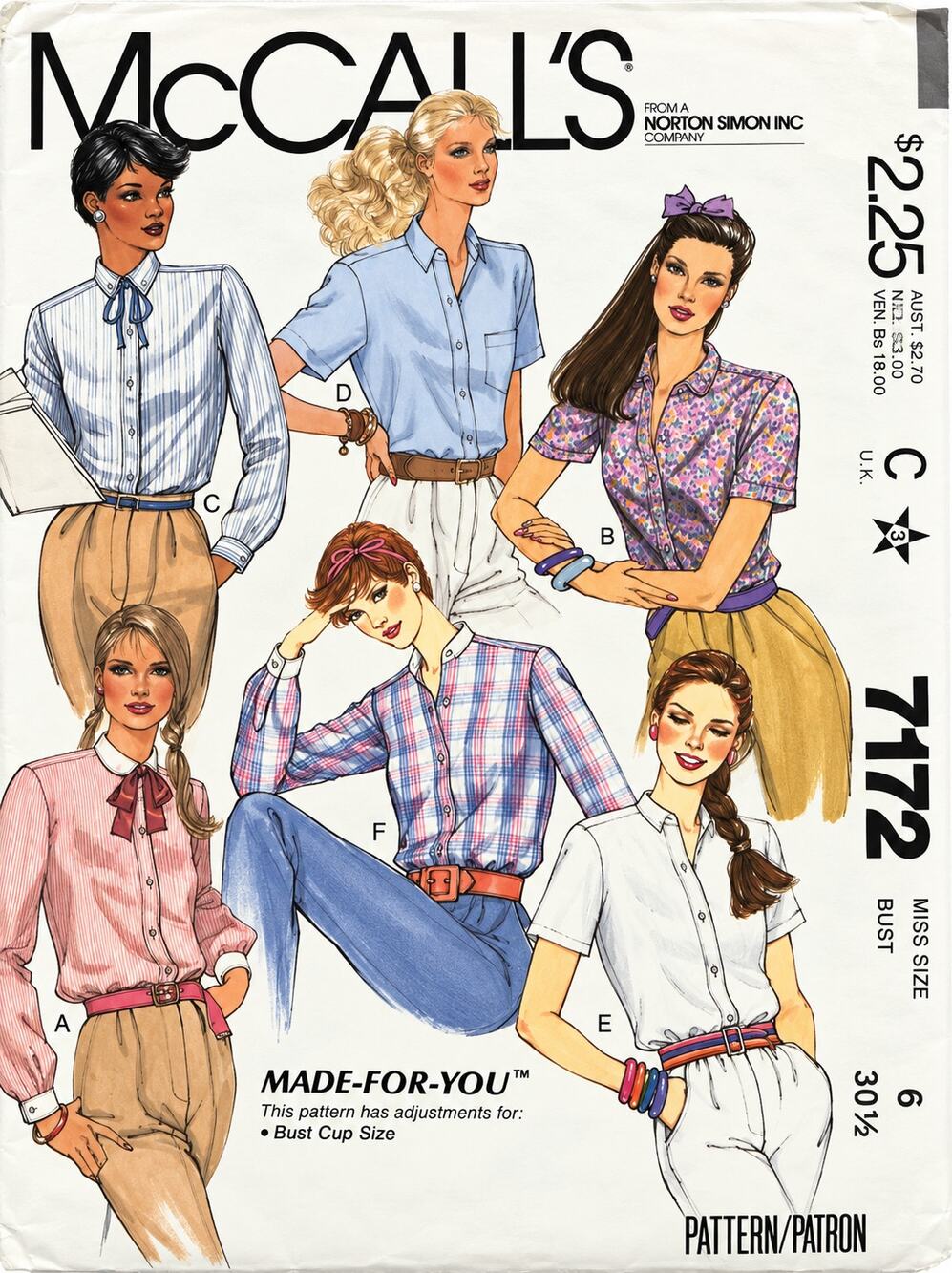 McCalls 7172 Vintage Sewing Pattern Womens Button Shirt Size 6 Collar Variations